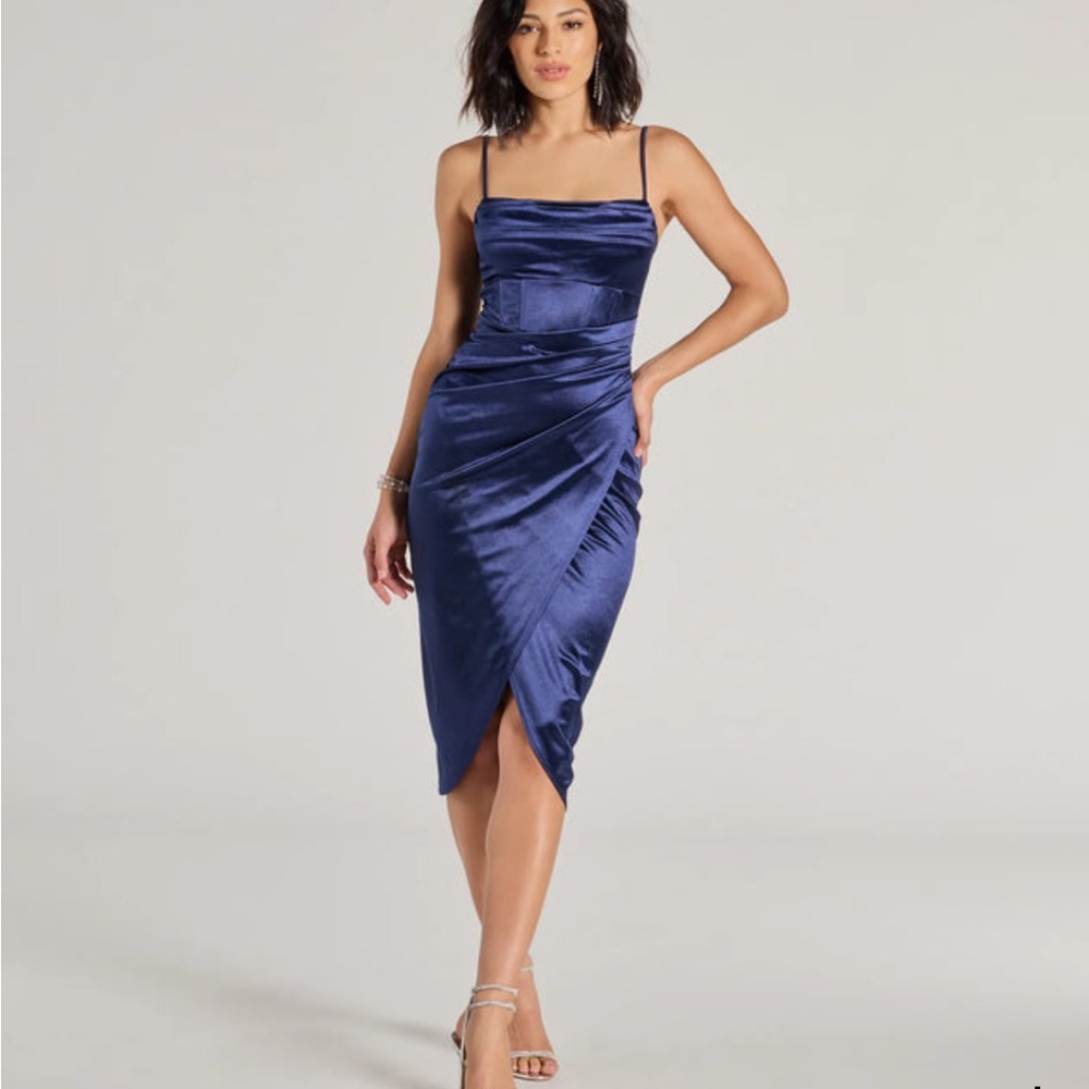 Navy Satin Corset Midi Dress